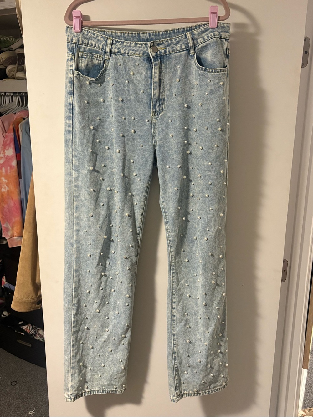 Light Blue Pearl-Embellished Women’s Jeans